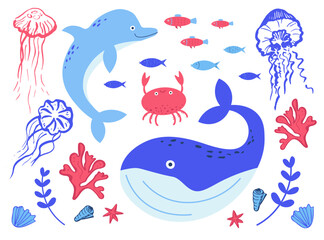 Underwater life.Dolphin, fish, crab, whale, jellyfish, coral. Hand drawn marine mammals in the oceans.Oceans day, Day to protect and save sea creatures. Hand drawn.  Flat cartoon illustration