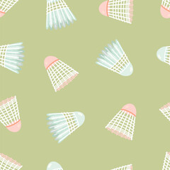 Badminton shuttlecock seamless pattern in color.Sports equipment is plastic and feather. Objects are located randomly on green.Background  for printing on fabric and paper.Vector flat illustration.