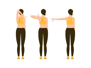 Woman demonstrates how to do shoulder exercise - arm makes a movement from one shoulder to the other. Vector flat illustration isolated on white background