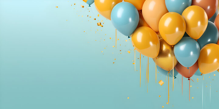 A bunch of balloons with orange and blue on a blue background