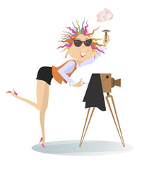 Woman a photographer illustration. 
Smiling young woman in sunglasses makes photo using a retro camera. Isolated on white background
