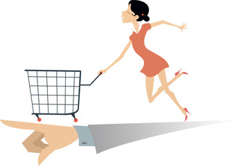 Woman pushing shopping cart. Directing hand. 
Running on directing hand young woman pushing supermarket shopping cart
