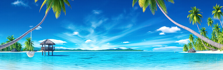 Fototapeta premium Summer relax landscape with beach swing or hammock and white sand and calm sea. Tropical beach background, exotic fantasy landscapes. Luxury Vacation and summer holiday concept. wide panorama