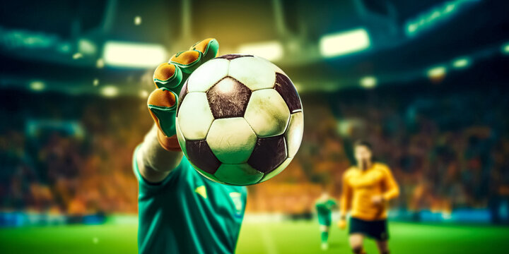Goalkeeper with a soccer ball in the stadium. Soccer goalkeeper catches the ball