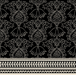 FRACTAL ART DESIGN MONOCHROME ABSTRACT TILE BLOCK PRINT SEAMLESS PATTERN WITH BORDER IN VECTOR