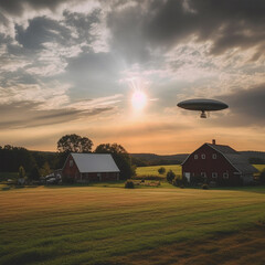 Extraterrestrial Encounters: A UFO Hovers Above a Tranquil Country Farm. Illustration, AI generative using Midjourney. - obrazy, fototapety, plakaty