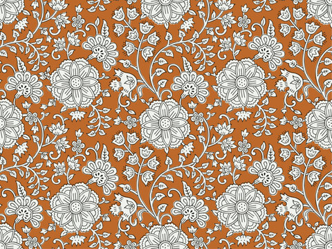 BEAUTIFUL HAND DRAWN BLOCK PRINT KALAMKARI STYLE SEAMLESS FLORAL ALL OVER PRINT