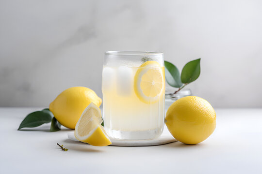 Cool freshly made lemonade and lemon fruits on white background. Space for text. AI generated