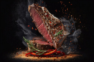 Grilled steak meat piece with spices Smoke, fire. Grilled meat levitation. Generative AI. - obrazy, fototapety, plakaty