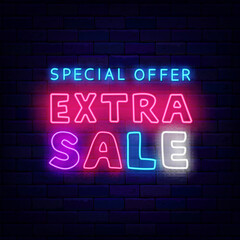 Extra Sale neon label. Great discount marketing on brick wall. Special offer. Shopping design. Vector illustration