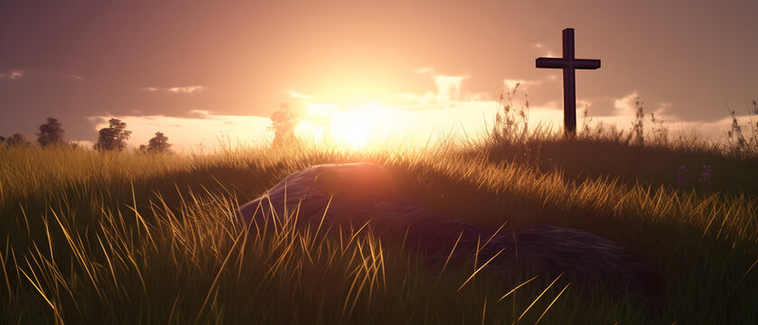 Heaven's Embrace: Rays of Light Surrounding the Brown Christian Cross in Serene Fields, Christianity, faith, Fields of god (generated with a help of ai)