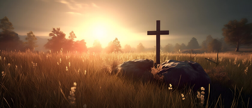 Heaven's Embrace: Rays of Light Surrounding the Brown Christian Cross in Serene Fields, Christianity, faith, Fields of god (generated with a help of ai)