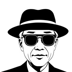 Vector illustration of a black and white portrait of a man in a hat and sunglasses.