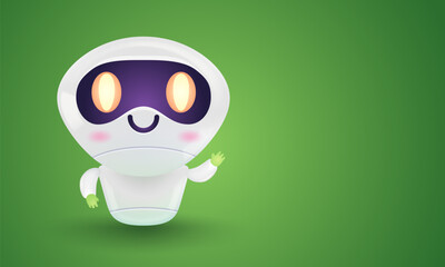 Vector illustration of a cute robot is in green background. Vector icon for chatbot with message in realistic style.