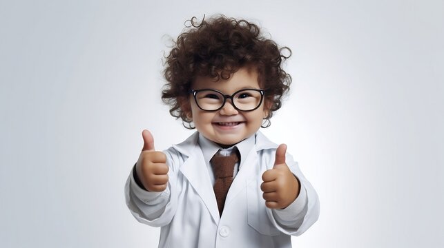 A happy multiracial child dressed as a scientist posing with a thumbs up on a white studio background, Generative AI