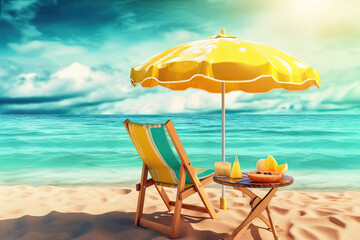 Summer vacation, tropical beach with blue sky and sea for relaxation, panoramic beach background, summer holiday with beautiful nature sand, sunlight, ocean water with Generative AI.