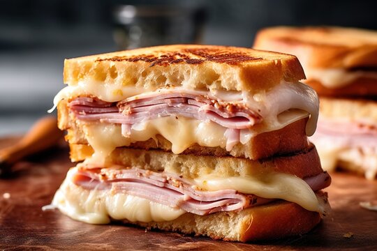 Delicious Cordon bleu sandwich cut in the middle. Close up shot. Generative AI