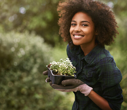 Black woman in garden, plant and smile in portrait, botany mockup and environment with young gardener and flowers. Happy female person is outdoor with green fingers, growth and plants with gardening
