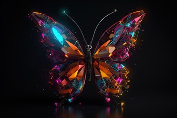 Fototapeta na wymiar Geometric colorful an shiny butterfly 3D illustration over black background. Generative AI