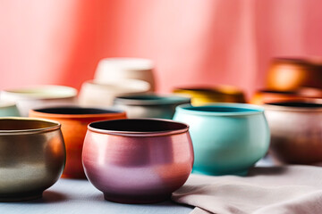 Set of Tibetan singing bowls with red pastel background, generative AI