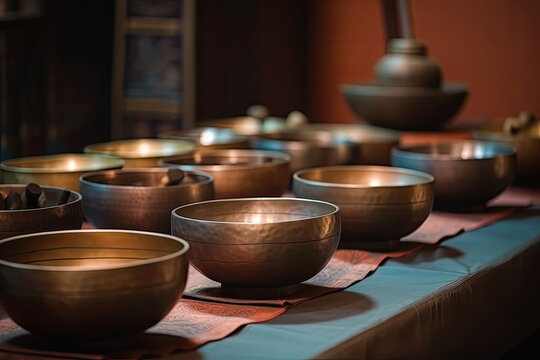 Set of Tibetan singing bowls with dark background, generative AI