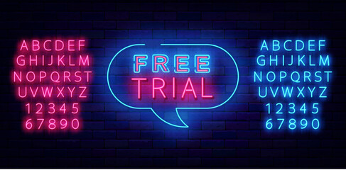 Free trial neon label. Speech bubble frame. Shiny pink and blue alphabet. Subscribe sign. Vector stock illustration