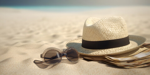 Straw beach sunhat and sun glasses on the sand. Summer vacancy concept. AI generated