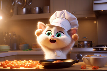 Cat is a chef cooking in kitchen, 3d realism style cartoon character. AI Generative