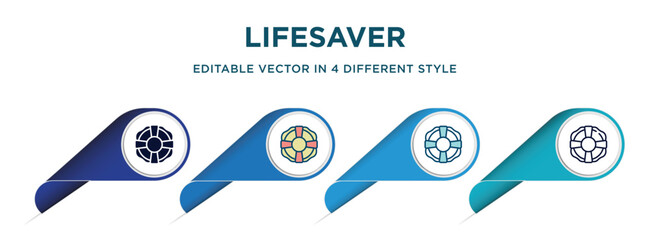 lifesaver icon in 4 different styles such as filled, color, glyph, colorful, lineal color. set of   vector for web, mobile, ui