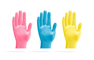 Blank colored rubber gloves palm mockup, front view