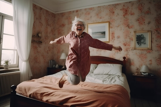 Stylish mature woman at her cozy home bedroom, full of energy jumping on the bed