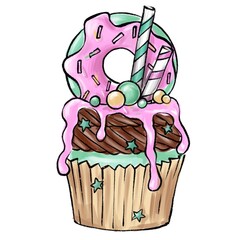 cupcake with donut cartoon style sketch. tasty sweet delicious dessert isolated illustration. simple design for logo, cafe menu or print