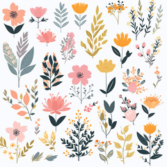 Vector collection, flowers, beautiful collection of romantic flowers with roses, leaves, flower bouquets, flower compositions.