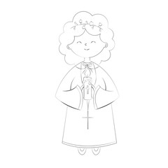 A Cute Girl Holds a Prayer Candle Simple Doodle Vector Illustration for Baptism Day 