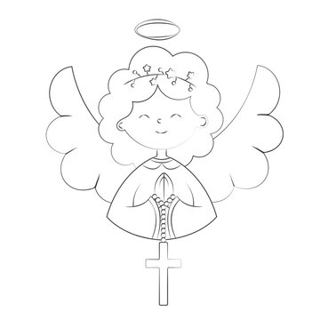 A Cute Angel Girl Holds a Cross for Baptism Day Simple  Doodle Vector Illustration