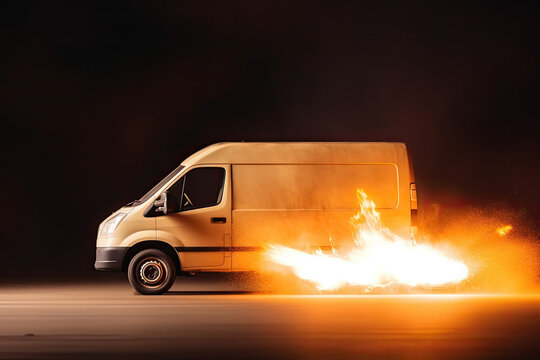 Super fast delivery of package service with van with wheels on fire, generative ai