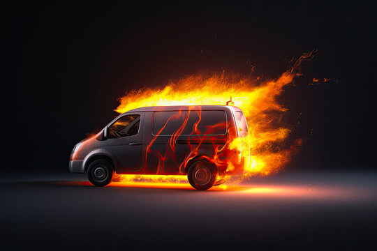 Super fast delivery of package service with van on fire, generative ai