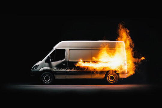 Super fast delivery of package service with van on fire, generative ai