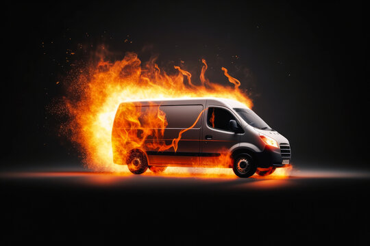 Super fast delivery of package service with van with wheels on fire, generative ai