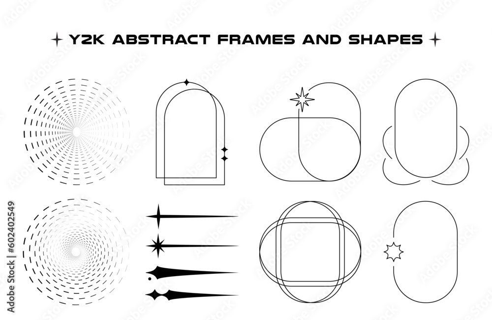 Aufkleber Set of abstract aesthetic y2k geometric elements and wireframe shapes. Black and white retro line design elements. Vector illustration for social networks or posters. EPS 10