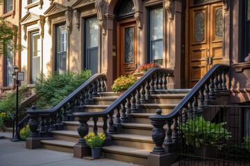 Fototapeta na wymiar Brownstone row houses with their characteristic stoops offer a glimpse into the city's historic past - Generative AI