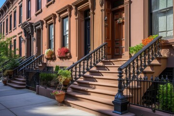 Fototapeta na wymiar Brownstone row houses with their characteristic stoops offer a glimpse into the city's historic past - Generative AI