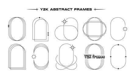 Set of abstract aesthetic y2k geometric elements and wireframe shapes. Black and white retro line design elements. Vector illustration for social networks or posters. EPS 10 © Tami Yako