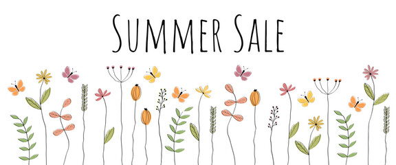Summer Sale - Schriftzug in englischer Sprache - Sommerschlussverkauf. Verkaufsbanner mit liebevoll gezeichneten Blumen und Schmetterlingen.