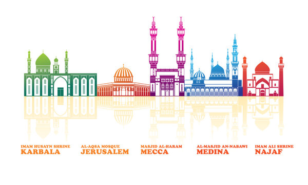Colourfull Skyline Panorama of the Most Famous Mosques - vector illustration