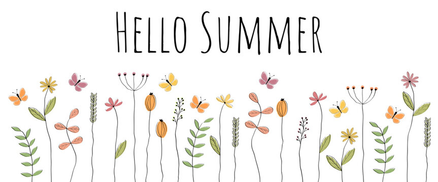 Hello Summer - Schriftzug in englischer Sprache - Hallo Sommer. Gru&szlig;banner mit liebevoll gezeichneten Blumen und Schmetterlingen.