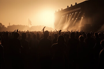 Silhouettes of concert crowd in front of bright stage lights at summer festival, generative ai