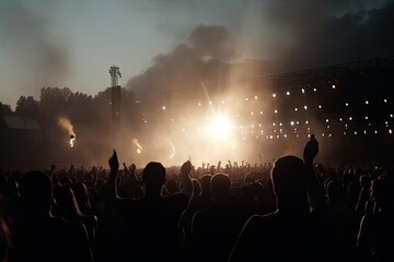 Silhouettes of concert crowd in front of bright stage lights at summer festival, generative ai
