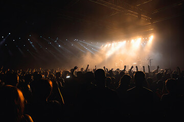 Silhouettes of concert crowd in front of bright stage lights at rock or metal concert, generative ai