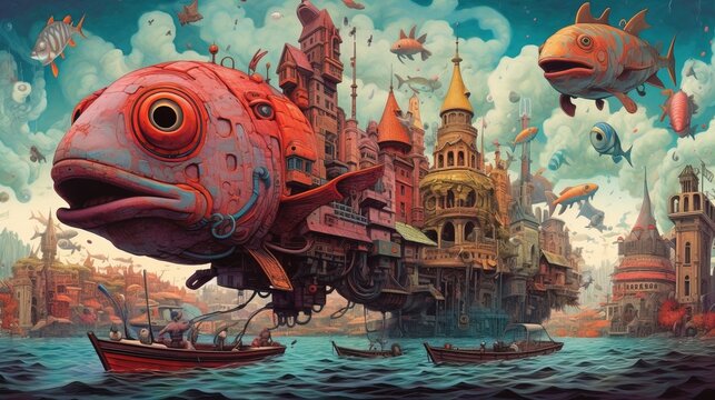 A city built on the back of a giant fish in a surreal ocean, Fantasy concept , Illustration painting. Generative AI